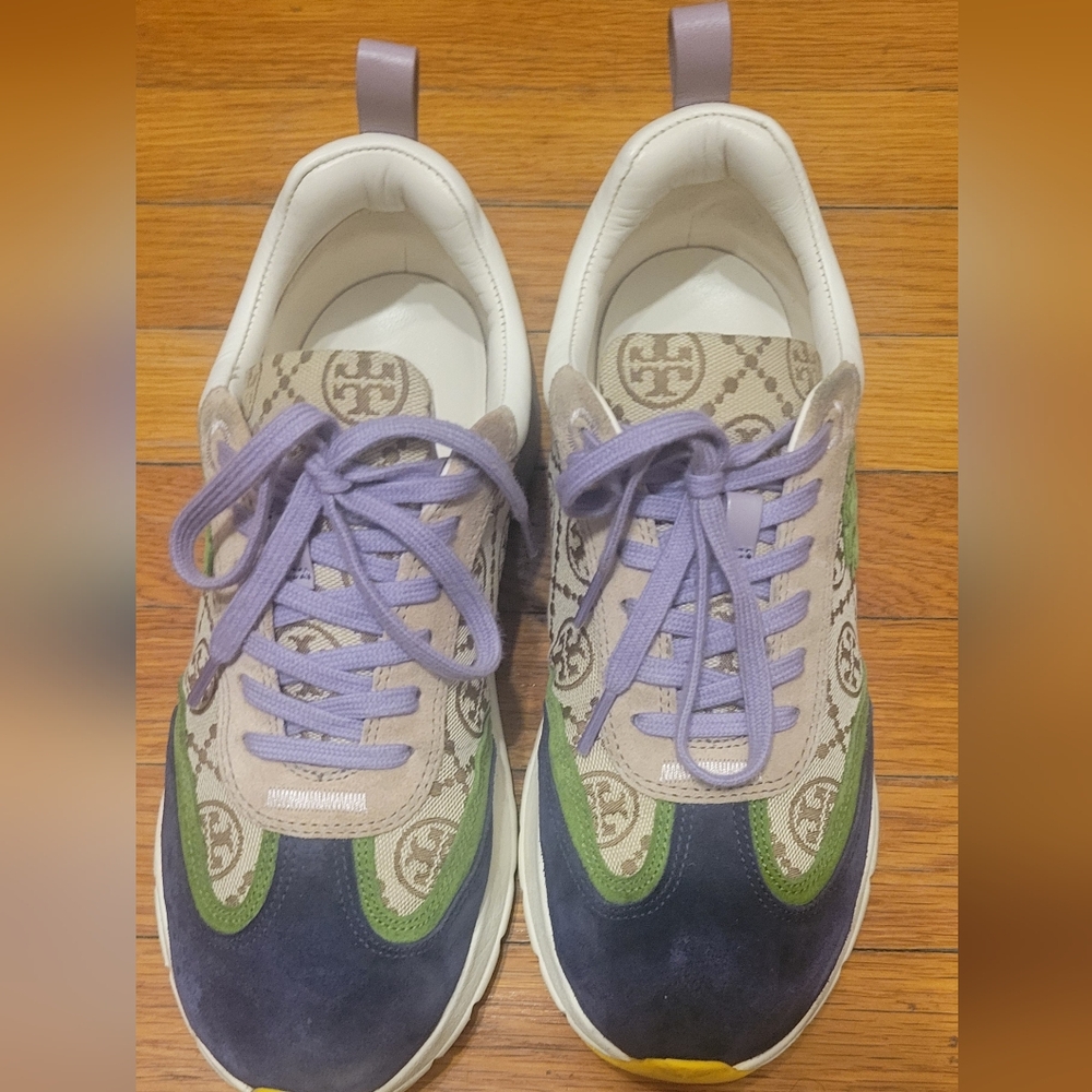 TORY BURCH  Sz 9 T-Monogram Good Luck Trainer Sneaker w/jacquard suede navy